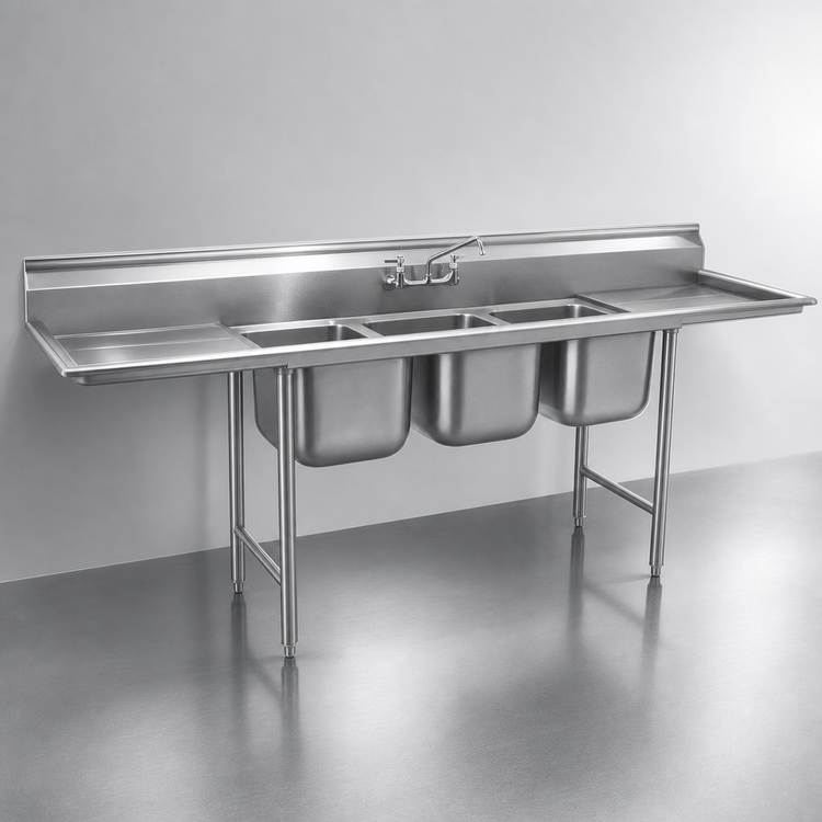 Product image #3 for Eagle Group 314 Series 3-Compartment Sink with Left and Right Drainboards, 108-Inch x 31-3/4-Inch, 304 Stainless Steel