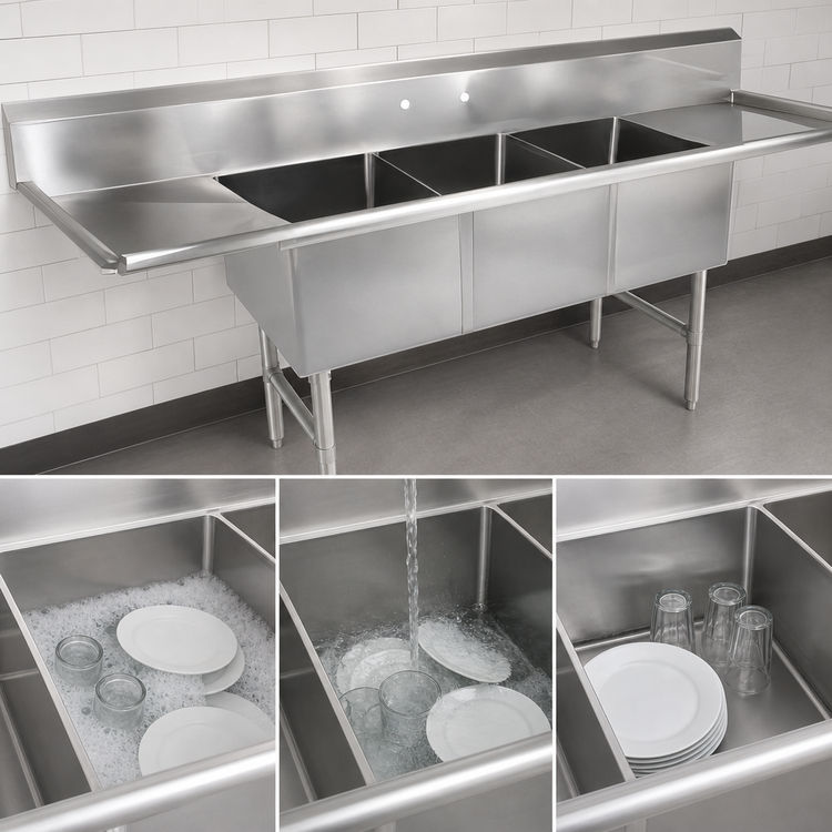 Product image #3 for John Boos B Series 3-Compartment Stainless Steel Sink with Left and Right Drainboards