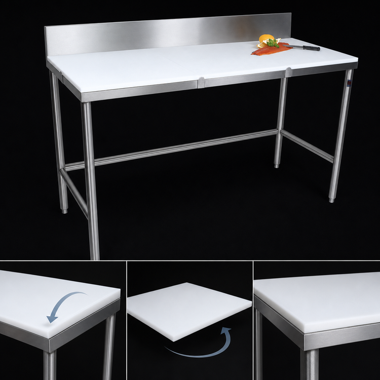 Product image #3 for John Boos 84-Inch x 24-Inch Trimming Table with 3/4-Inch Reversible Poly Top and 6-Inch Removable Backsplash
