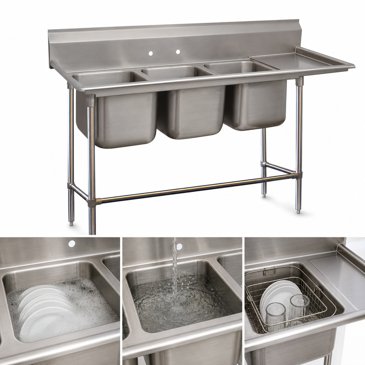 Product image #3 for Advance Tabco Regaline Freestanding 3-Compartment Sink with Right-Hand Drainboard, 24 x 24 Inch Compartments, 14 Gauge 304 Stainless Steel