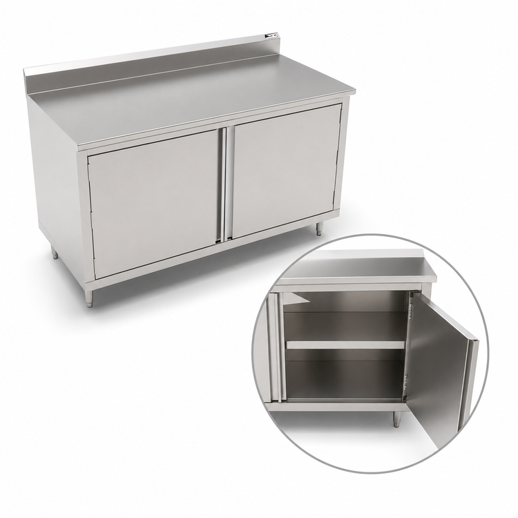 Product image #3 for John Boos Enclosed Cabinet Base Work Table with Hinged Doors, 84" x 24", 14-Gauge Stainless Steel Top, 5" Backsplash