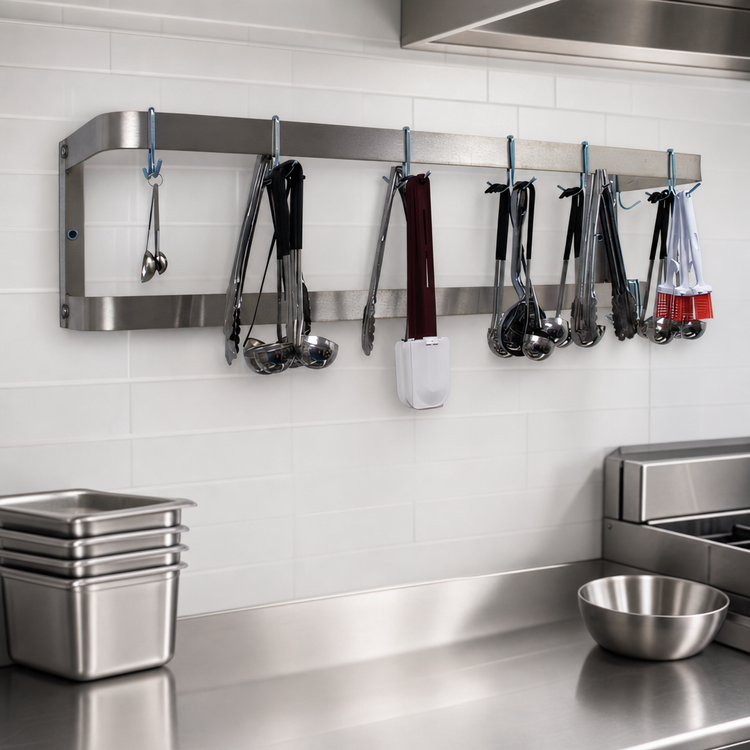 Product image #3 for Advance Tabco SW-24 24 Inch Wall-Mounted Double-Bar Stainless Steel Pot Rack with 12 Plated Double Hooks