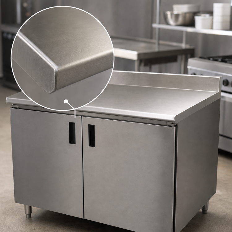 Product image #3 for Advance Tabco 36" x 36" Enclosed Work Table with Cabinet Base, 14 Gauge 304 Stainless Steel Top, Mid-Shelf, Hinged Doors, and 5" Backsplash