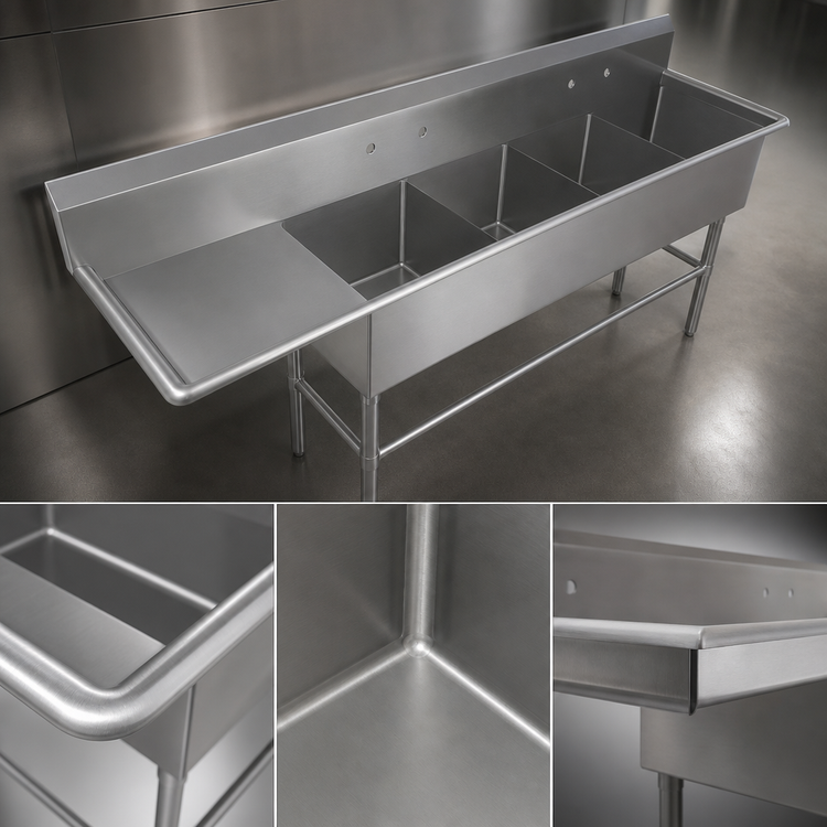Product image #3 for John Boos Pro-Bowl 4-Compartment Sink with Left Drainboard, 24 x 24 x 14 Inch Bowls