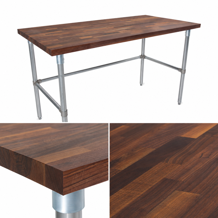 Product image #3 for John Boos 60 x 24-Inch American Black Walnut Wood Top Work Table, 1-1/2-Inch Thick Edge Grain Flat Top, Galvanized Open Base