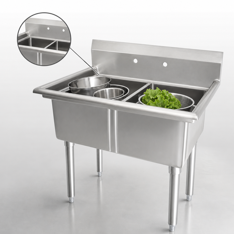 Product image #3 for Omcan 2-Compartment Pot Sink with 21 x 18 x 14-Inch Bowls, 304 Stainless Steel, No Drainboard