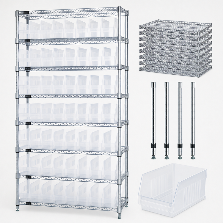 Product image #3 for Quantum 36 Inch x 18 Inch x 74 Inch Bin Wire Shelving System with 9 Shelves and 64 Clear Bins