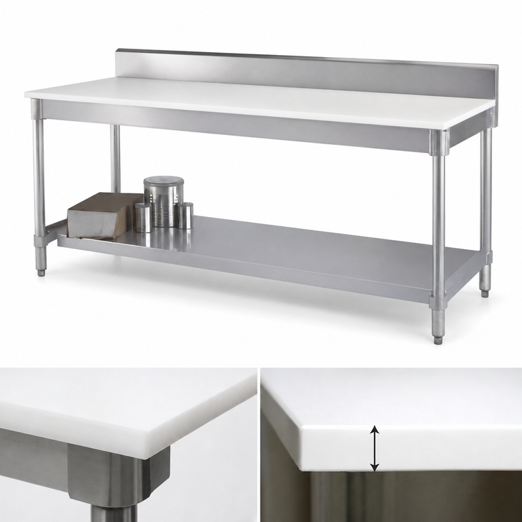 Product image #3 for 96 Inch x 30 Inch Poly Top Work Table with 6 Inch Backsplash, Open Aluminum Base