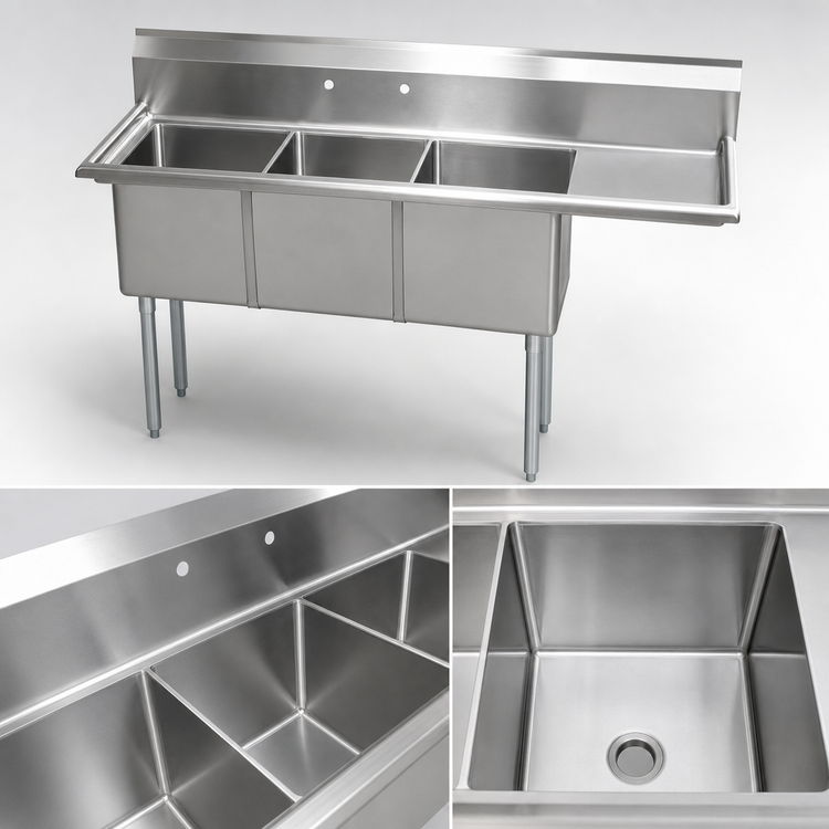 Product image #3 for Omcan USA 3-Compartment Pot Sink with Right-Hand Drainboard, 304 Stainless Steel