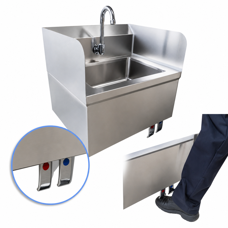 Product image #3 for Omcan USA Wall-Mounted Stainless Steel Hand Sink with Knee Valve Assembly, Side Splashes, and Faucet, 10 x 14 x 5 Inch Bowl