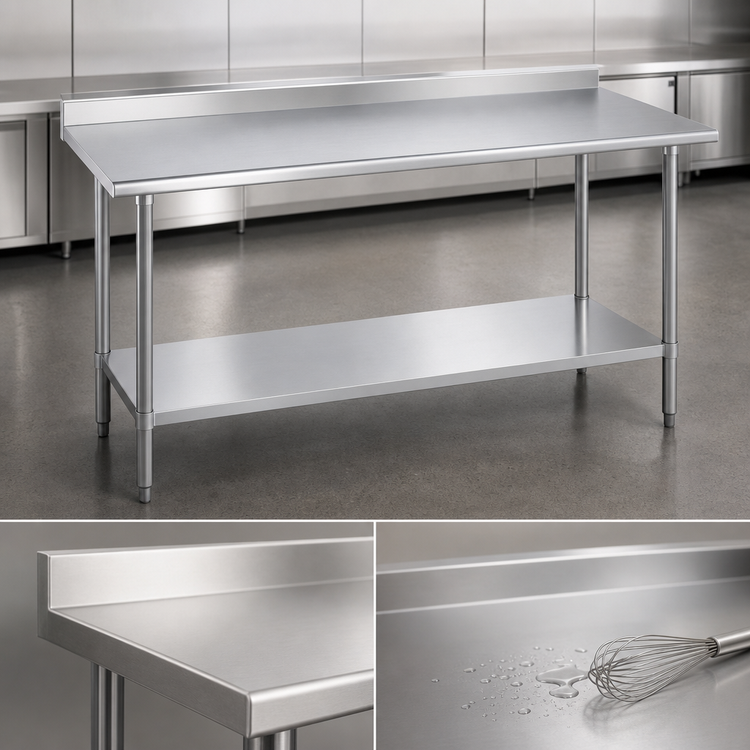 Product image #3 for Duke 48 Inch x 30 Inch 16-Gauge 400-Series Stainless Steel Work Table with 1-1/8 Inch Riser and Stainless Undershelf