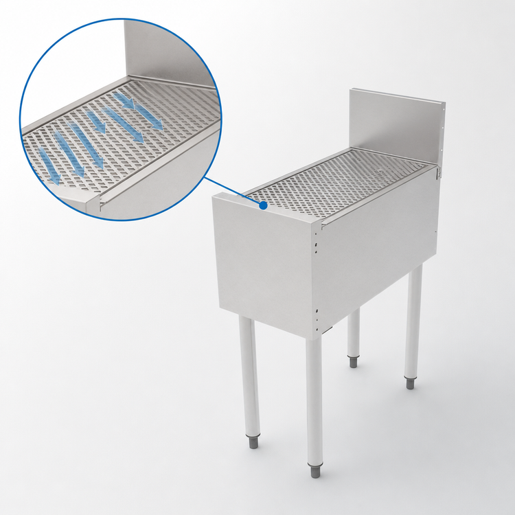 Product image #4 for Top Shelf TSF Series 16-Inch W x 24-Inch D Stainless Steel Freestanding Pitched Underbar Drainboard with Backsplash