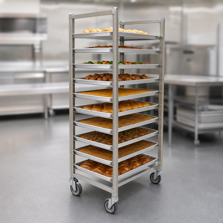 Product image #3 for Omcan USA Full Size Mobile Stainless Steel End-Load Open-Sided Pan Rack for 18 x 26 Pans, 10 Capacity