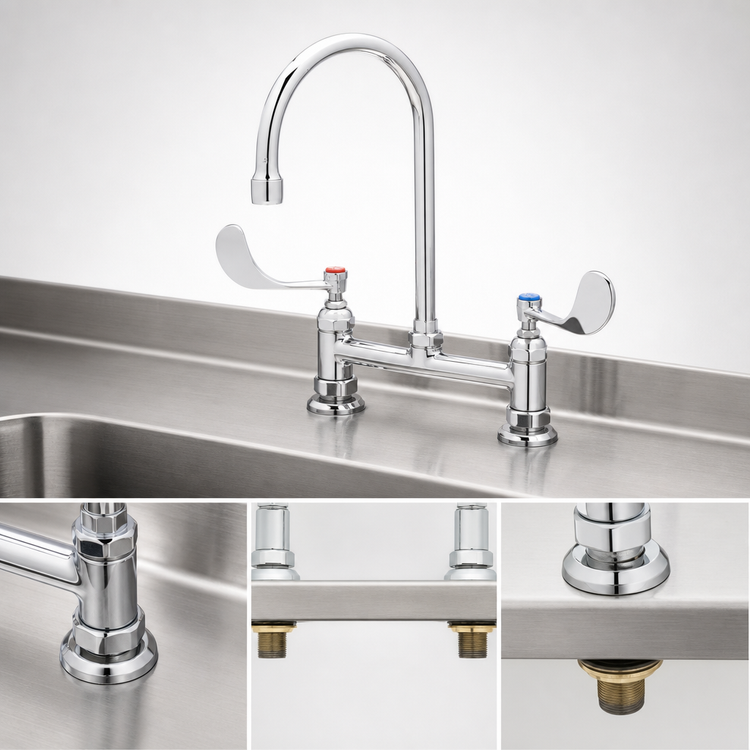 Product image #3 for T&S Brass B-0327 8-Inch Centers Deck-Mount Mixing Faucet with 5 3/4-Inch Swivel Gooseneck and Wrist Action Handles