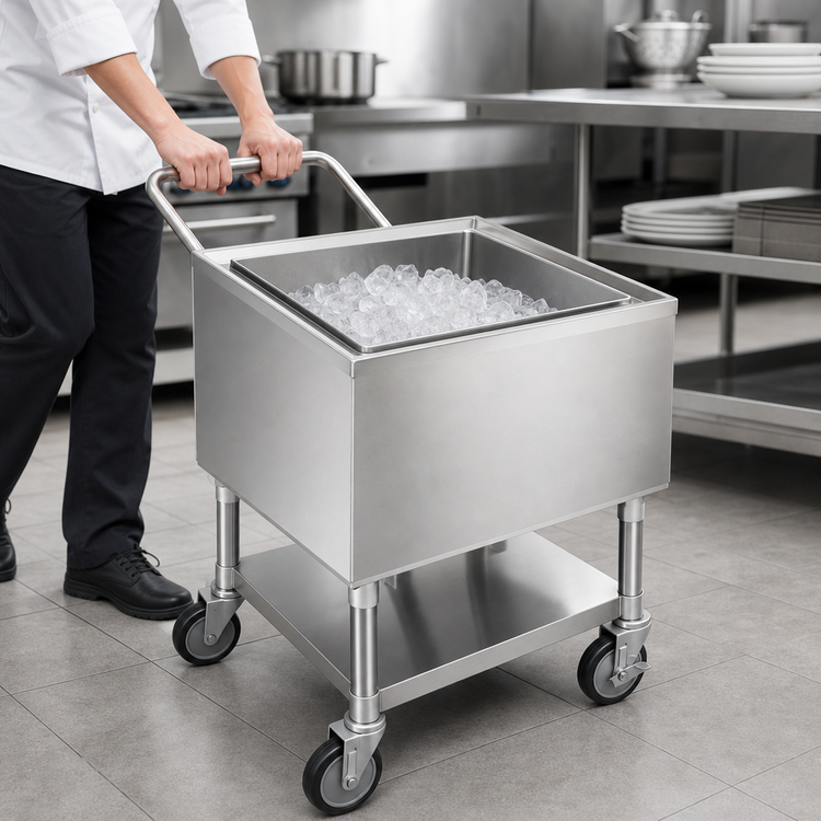Product image #3 for Mobile Stainless Steel Ice Caddy with Undershelf and 5-Inch Casters