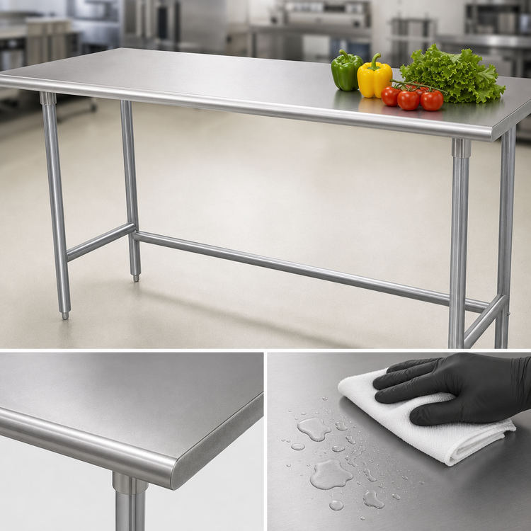 Product image #3 for Advance Tabco 120-Inch x 24-Inch 16 Gauge 304 Stainless Steel Flat Top Work Table with Galvanized Open Base