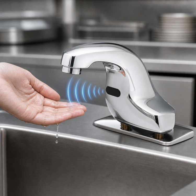 Product image #3 for equip Touchless Electronic Sensor Deck-Mount Faucet with Thermostatic Mixing Valve, Rigid Spout, 4-Inch Centers, Chrome