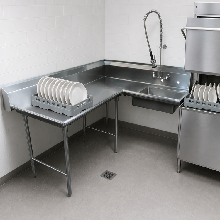 Product image #3 for Advance Tabco Korner-Soil L-Shaped Left-Hand Dishtable with Pre-Rinse Sink, 83-Inch, 304 Stainless Steel