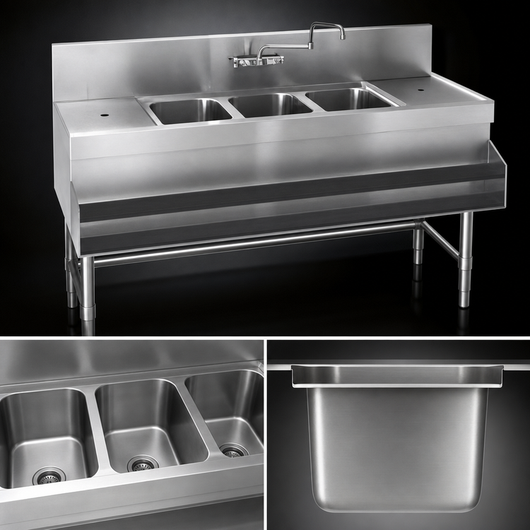 Product image #3 for Spec-Bar 3-Compartment Stainless Steel Underbar Sink Unit with Left & Right Drainboards, 60 Inch x 24 Inch