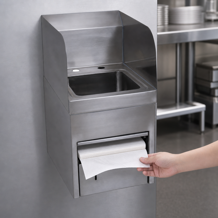 Product image #3 for BK Resources Wall-Mount Hand Sink with Integrated Towel Dispenser, Side Splashes, and 9 x 9 x 5 Bowl
