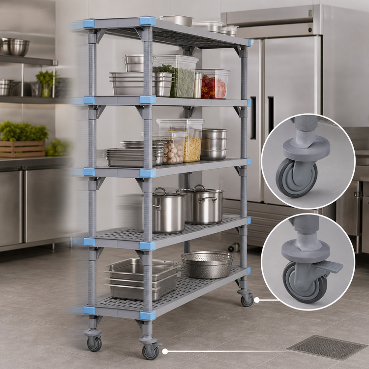 Product image #3 for Quantum Millenia Mobile Polymer Shelving Starter Unit with 5 Open Grid Shelves, 30W x 24D x 74H, Gray Finish