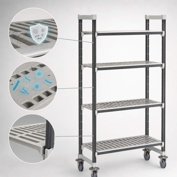 Product image #3 for Cambro Camshelving Elements XTRA High Density 4-Tier Mobile Starter Unit, 24" x 42" x 78-1/4", Vented, Speckled Gray