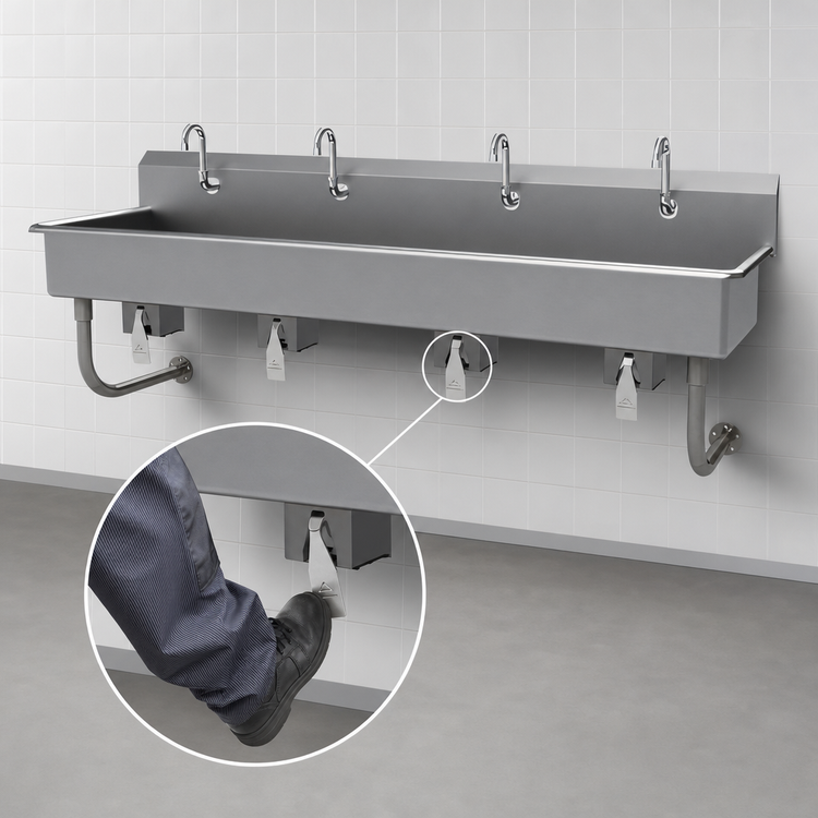 Product image #3 for Advance Tabco Multiwash Wall Mounted 4-Station Hand Wash Sink with Knee Valves and Gooseneck Spouts, 80 Inch