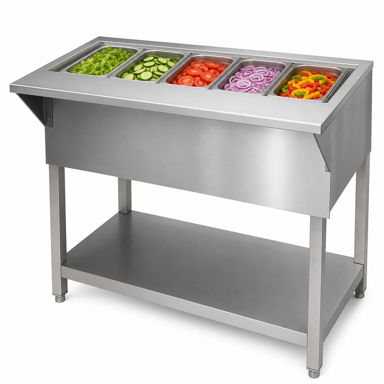 Product image #3 for Klinger's Trading CP5 Stationary Ice-Cooled 5-Pan Cold Pan Table with Stainless Steel Top, 78 Inch Wide