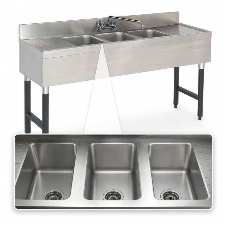 Product image #3 for Advance Tabco Special Value Series 84-Inch 3-Compartment Stainless Steel Bar Sink with Dual 24-Inch Drainboards and Faucet