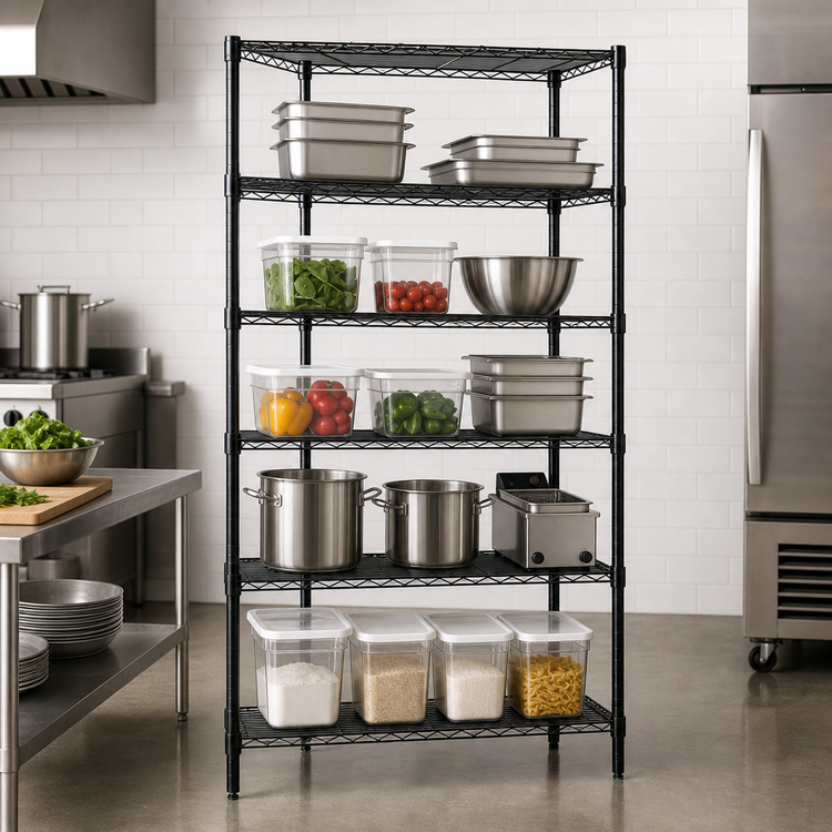Product image #3 for Quantum Wire Shelving Starter Kit, 24-Inch Wide x 14-Inch Deep x 86-Inch High, 5 Shelves, Black Epoxy Antimicrobial Finish