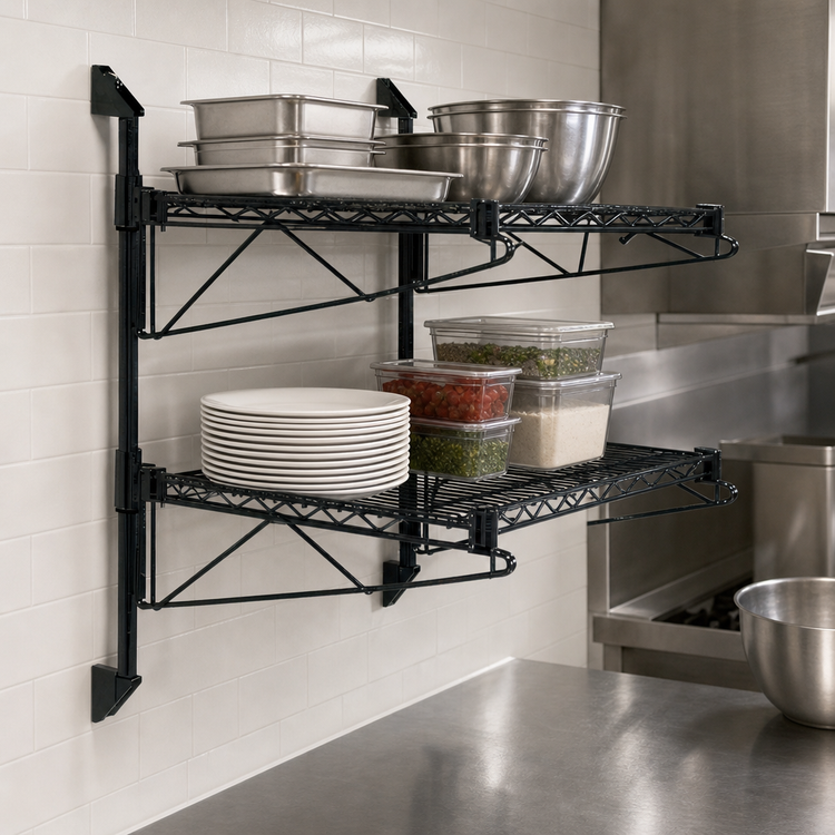 Product image #3 for Quantum Cantilever Double Shelf Wall-Mount Wire Shelving Unit, 48 x 21 Inches, Black Epoxy