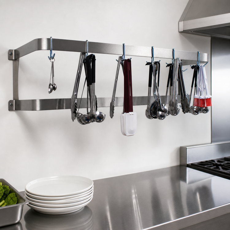 Product image #3 for Advance Tabco 120-Inch Wall-Mounted Double-Bar Stainless Steel Pot Rack with 18 Hooks