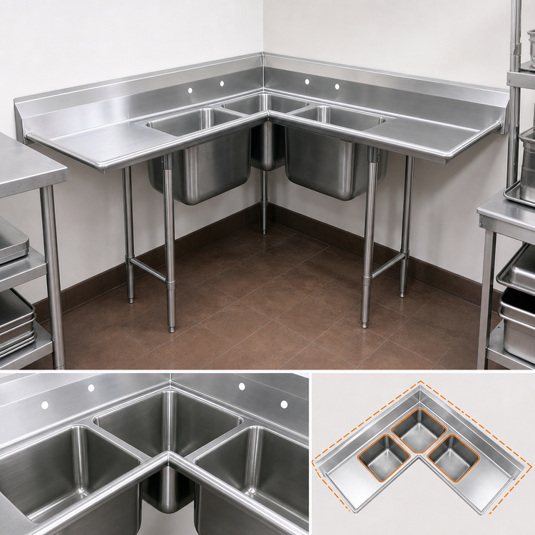 Product image #3 for Advance Tabco 3-Compartment Corner Sink with Three 24 x 24 x 12 Inch Bowls, Dual Drainboards, and 8 Inch Backsplash