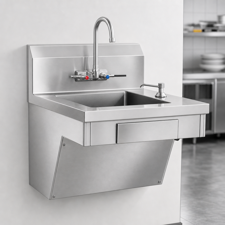 Product image #3 for Eagle Group ADA Wall-Mounted 304 Stainless Steel Hand Sink with 14 x 16 x 5-Inch Bowl, Faucet, Skirt, Soap Dispenser and Paper Towel Dispenser