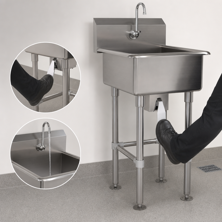 Product image #3 for Advance Tabco Freestanding Knee-Operated Service Sink with 20 x 19-1/2 x 8 in Bowl, 14-Gauge Stainless Steel, and 8-1/2 in Backsplash