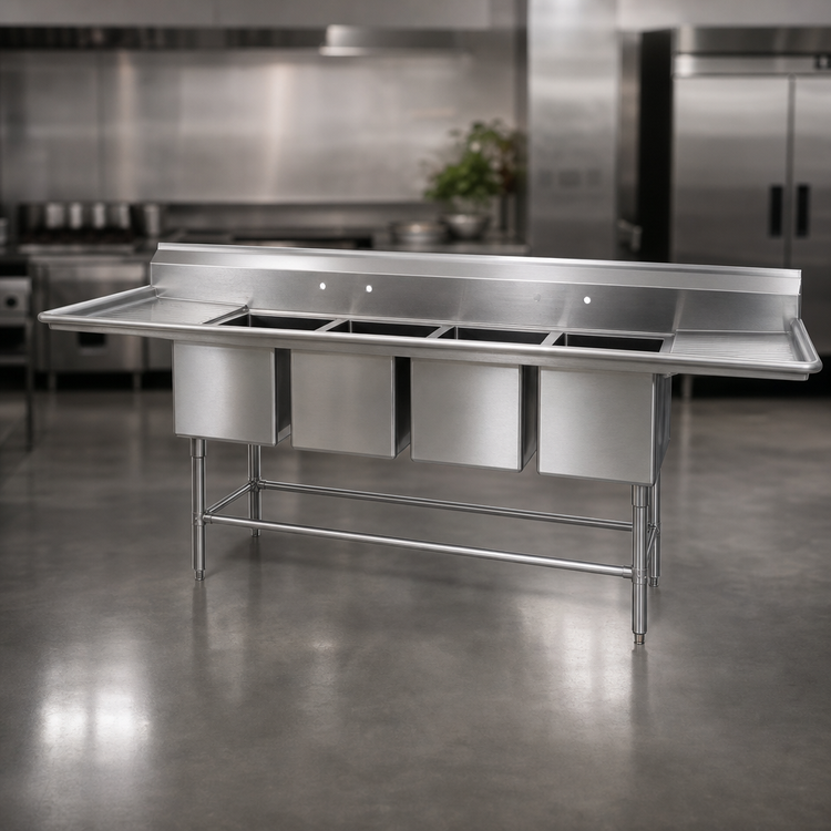 Product image #3 for Eagle Spec-Master FN Series Four-Compartment Stainless Steel Sink with Dual 30-Inch Drainboards, 132W x 27D