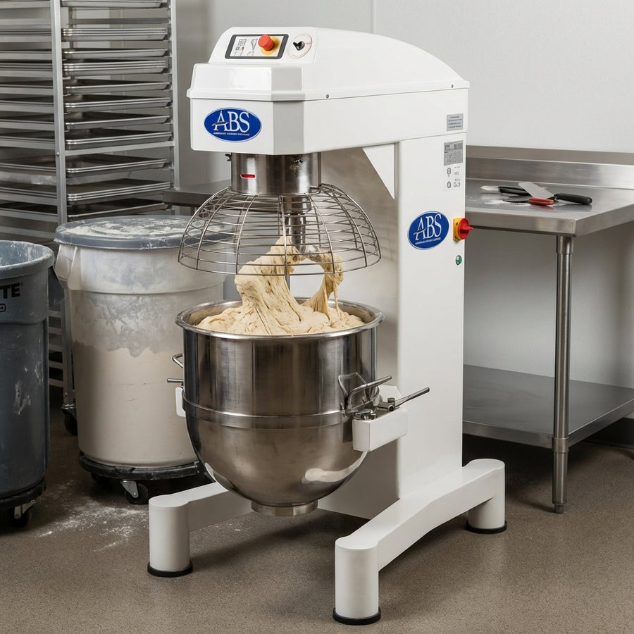 This floor mixer’s 80-quart bowl handles large batches with ease for high-volume bakery production.