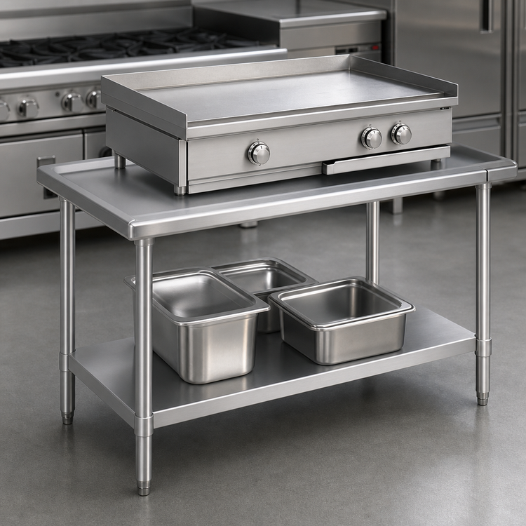 Product image #3 for Eagle Group 84-3/8 Inch Stainless Steel Griddle/Equipment Stand with 16/300 Top, Open Base, and Adjustable Undershelf