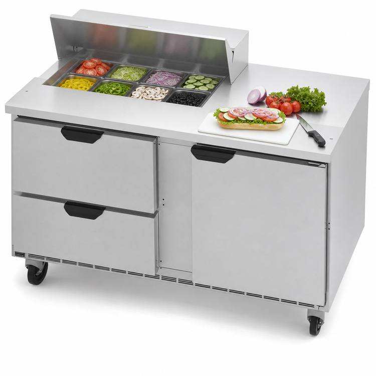 Product image #4 for Beverage-Air 60-Inch Two-Section Sandwich Top Refrigerated Prep Table with 8-Pan Top, 1 Door, and 2 Drawers