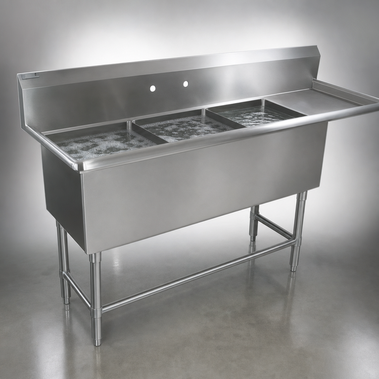 Product image #3 for John Boos Pro-Bowl 3-Compartment Sink with 18" Right Drainboard, 16" x 20" x 12" Bowls, 16-Gauge Stainless Steel
