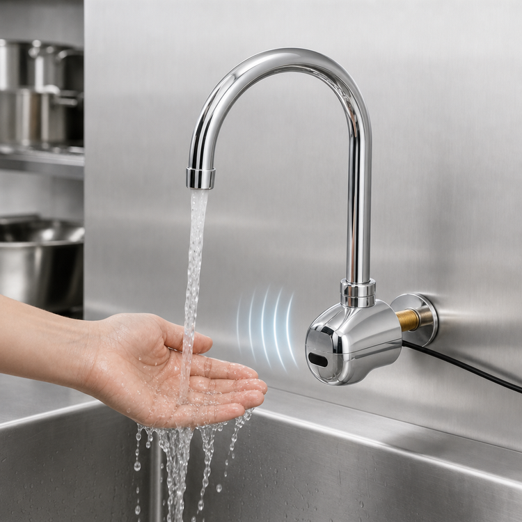 Product image #3 for equip Low-Lead Wall-Mount Touchless Electronic Sensor Faucet with Swivel Gooseneck and Thermostatic Mixing Valve