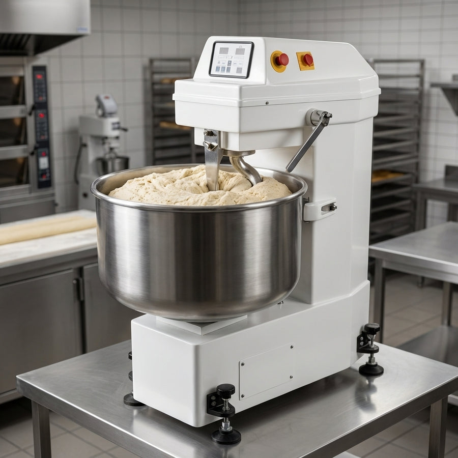 Witness the impressive high capacity of this heavy-duty spiral dough mixer as it effortlessly handles a massive batch of dough in a professional bakery setting.