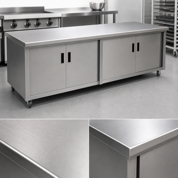 Product image #3 for Advance Tabco 60-Inch x 36-Inch Enclosed Work Table with Cabinet Base, Mid-Shelf, Hinged Doors, and 14 Gauge 304 Stainless Steel Top