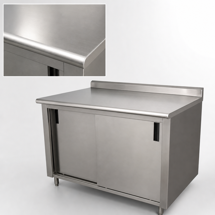 Product image #3 for Advance Tabco Enclosed Stainless Steel Work Table, 144 x 36 Inch, 14 Gauge 304 Top, Cabinet Base with Mid-Shelf and Sliding Doors