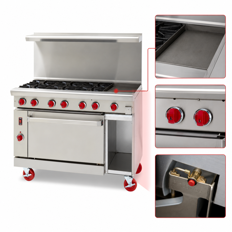 Product image #3 for American Range Green Flame 48-Inch Gas Range with 24-Inch Manual Griddle, 4 Open Burners, Left Convection Oven, and Right Storage Base