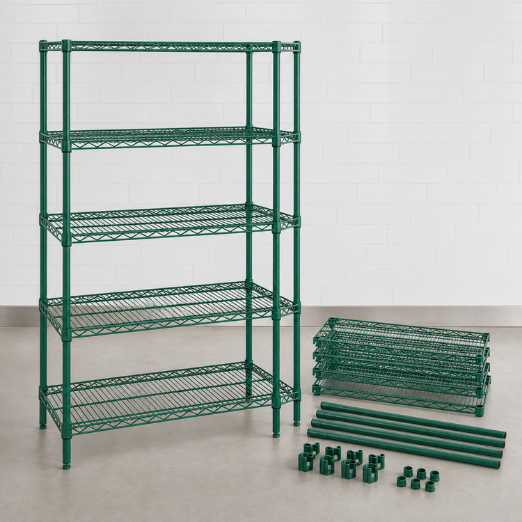 Product image #3 for Quantum Stationary Wire Shelving Starter Kit, 54 in. W x 18 in. D x 54 in. H, 5 Shelves, Green Epoxy