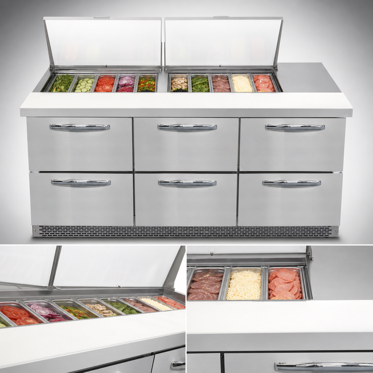 Product image #3 for Continental Refrigerator Designer Line D72N24M-FB-D 72" Mighty Top Three-Section Refrigerated Sandwich Prep Table with Drawers