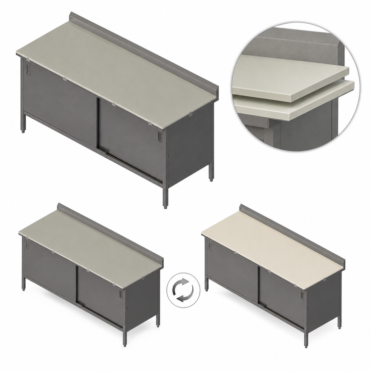 Product image #3 for John Boos Cabinet Base Poly Top Work Table with Sliding Doors, 144 x 30 Inches, Stainless Steel Top and Reversible 3/4 Inch Poly Surface