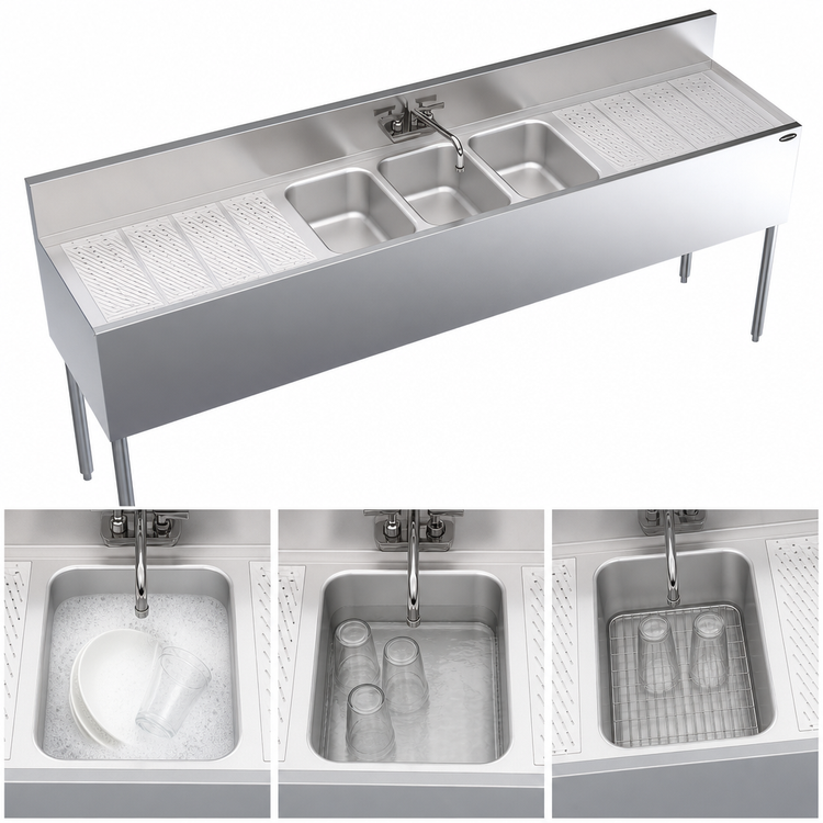 Product image #3 for Krowne Royal Series 84-Inch Wide x 19-Inch Deep Three-Compartment Stainless Steel Underbar Sink Unit with Dual Drainboards and Faucet
