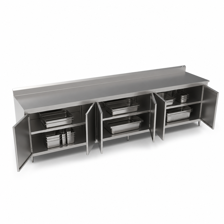 Product image #3 for John Boos 132 Inch x 24 Inch Stainless Steel Enclosed Work Table with Cabinet Base and 5 Inch Backsplash